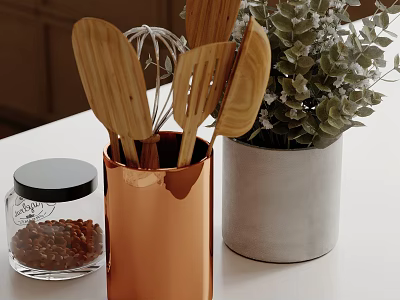 Stylish Decorative Ornament Set With Wooden Spoons Whisk Copper Container Dried Flowers Gray Concrete Pot 3d model