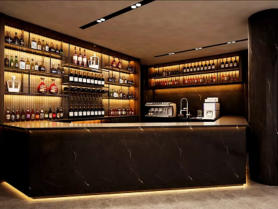 Elegant Bar Interior Design With Black Marble Counter And Stocked Wine Shelves 3d model