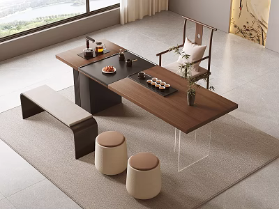 Modern Wooden Tea Table and Chairs with Tea Sets Stools and Window View 3d model