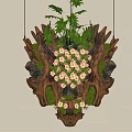 Natural Wooden Hanging Decor with Pink Flowers Green Leaves and Moss