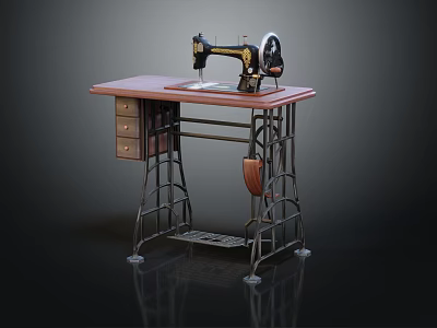 Vintage Industrial Sewing Machine On Iron Frame Table With Wooden Drawers 3d model