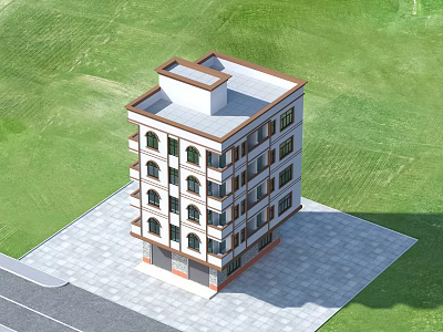 Multi Story Building With White Brown Exterior Windows Green Grass And Gray Pavement 3d model
