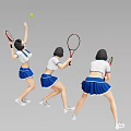 Women In Blue And White Skirts Playing Tennis With Rackets And Green Ball