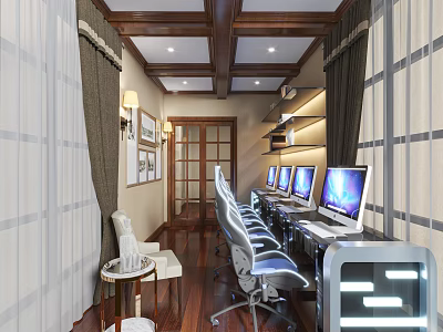 Private Club Interior With Wooden Ceiling Dark Curtains Long Table Computers And Office Chairs 3d model