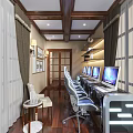 Private Club Interior With Wooden Ceiling Dark Curtains Long Table Computers And Office Chairs