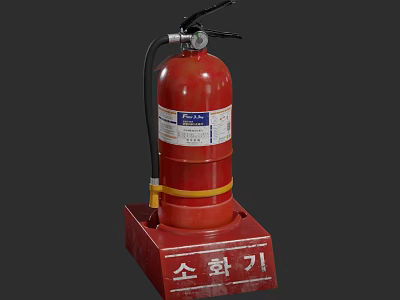 Red Fire Extinguisher With Yellow Strap And Korean Label On Red Stand 3d model