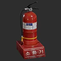 Red Fire Extinguisher With Yellow Strap And Korean Label On Red Stand