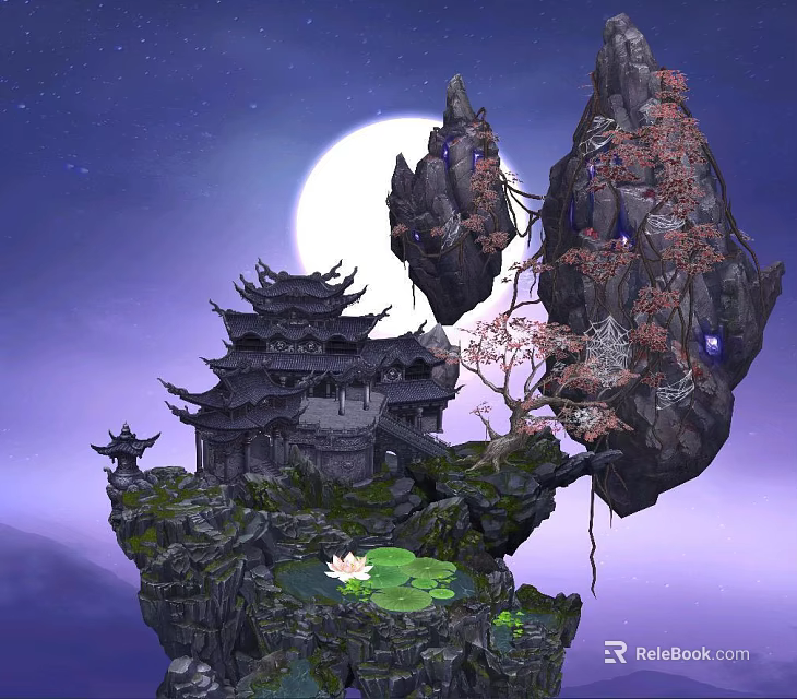 Ancient Temple on Floating Rocks with Full Moon and Lotus in Purple Night Sky 3d model 