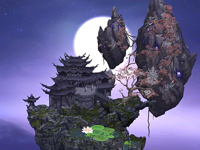 Ancient Temple on Floating Rocks with Full Moon and Lotus in Purple Night Sky 3d model