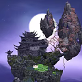 Ancient Temple on Floating Rocks with Full Moon and Lotus in Purple Night Sky