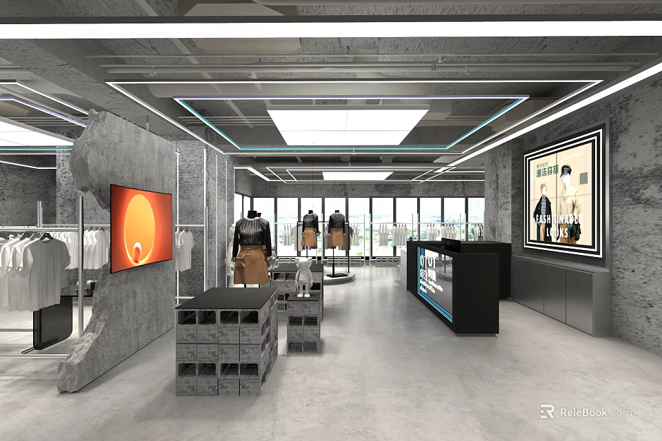 Modern Clothing Store Interior With Stylish Mannequins And Fashion Displays 3d model 