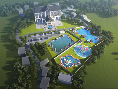 Scenic Park Landscape Featuring Multiple Pools Various Water Play Zones And Lush Greenery 3d model