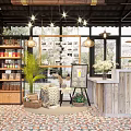 Grocery Store Interior With Wooden Shelves Displayed Goods Tables Chairs Hanging Lamps And Green Plants