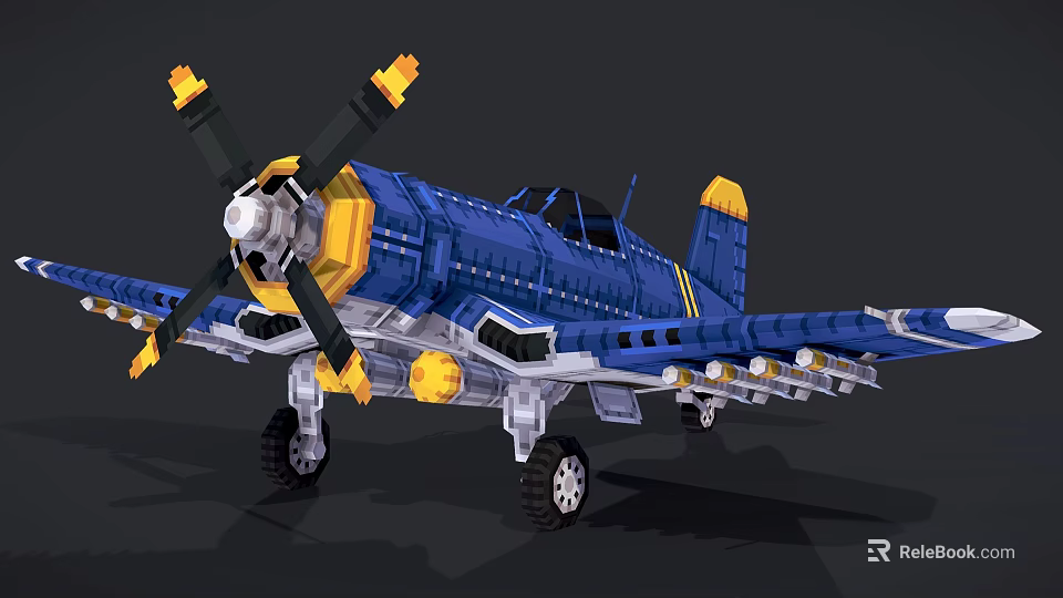 Blue Block Model Airplane With Yellow Black Propeller Cockpit And Wing Details 3d model 