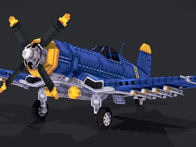 Blue Block Model Airplane With Yellow Black Propeller Cockpit And Wing Details 3d model