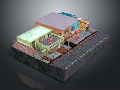 Cartoon Style Miniature Street Scene With Colorful Houses Green Roof Orange Walls And Small Figure 3d model
