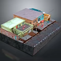 Cartoon Style Miniature Street Scene With Colorful Houses Green Roof Orange Walls And Small Figure