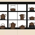 Brown Ceramic Tea Sets Displayed On White And Black Grid Shelf With Various Teapots 3d model