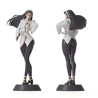 Detailed Anime Female Sculpture With Long Black Hair White Top Black Pants And Poses 3d model