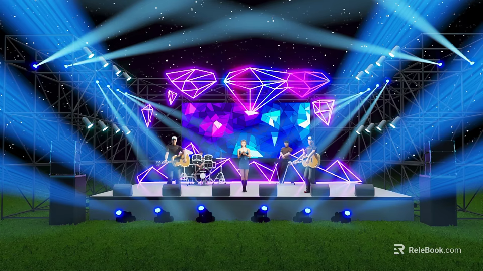 Outdoor Stage With Band Performance Dynamic Purple And Blue Geometric Lighting And Spotlights On Lawn 3d model 