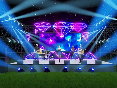 Outdoor Stage With Band Performance Dynamic Purple And Blue Geometric Lighting And Spotlights On Lawn 3d model