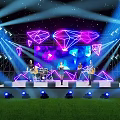 Outdoor Stage With Band Performance Dynamic Purple And Blue Geometric Lighting And Spotlights On Lawn