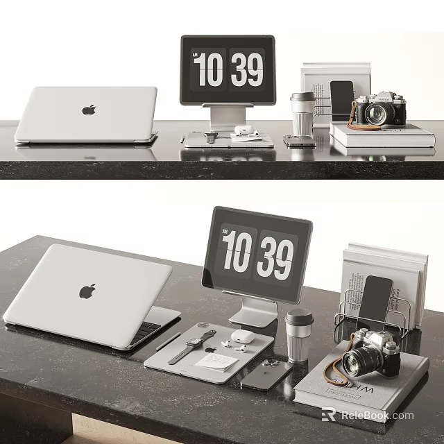 White Apple Laptop And Monitor Desktop Setup With Digital Clock 10 39 Camera Accessories 3d model 