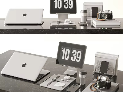White Apple Laptop And Monitor Desktop Setup With Digital Clock 10 39 Camera Accessories 3d model