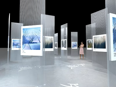 Modern Art Installation With Transparent Display Panels Landscape Paintings Woman Viewing And Vertical Decorations 3d model