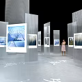 Modern Art Installation With Transparent Display Panels Landscape Paintings Woman Viewing And Vertical Decorations