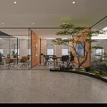 Modern Minimalist Office Reception Desk Design With Marble Counter And Wood Panel Accents Warm Lighting