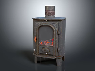 Vintage Cast Iron Wood Stove Featuring Glass Door Burning Flames And Metal Chimney 3d model
