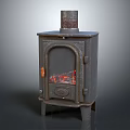 Vintage Cast Iron Wood Stove Featuring Glass Door Burning Flames And Metal Chimney