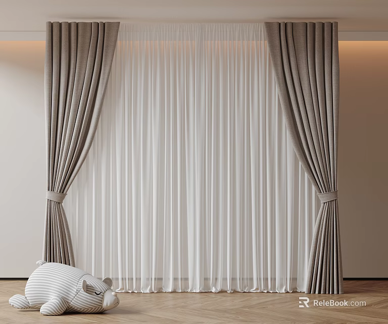 Gray Curtains With White Sheer Panels Tied Back In Modern Interior With Wooden Floor 3d model 