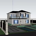 Detached Villa With White Exterior Brown Front Door Balcony Black Railings Plants And Porch Lights