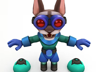 Cartoon Rabbit With Purple Goggles Red Eyes Blue Green Outfit Outstretched Arms And Green Orbs 3d model