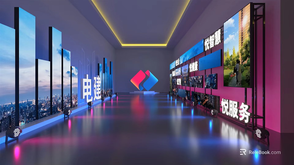 Modern Office Corridor With Large Screens Corporate Logos And Reflective Floor 3d model 
