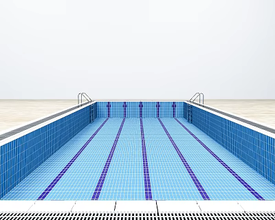 Clean Blue Tiled Swimming Pool With Purple Lane Lines Metal Handrails And Light Colored Flooring 3d model