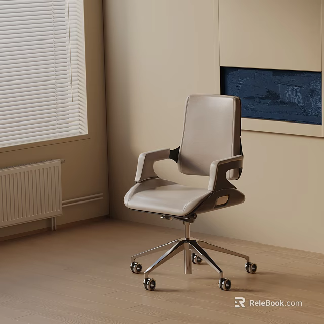 Beige Leather Office Chair with Armrests and Swivel Metal Base with Wheels in Modern Interior 3d model