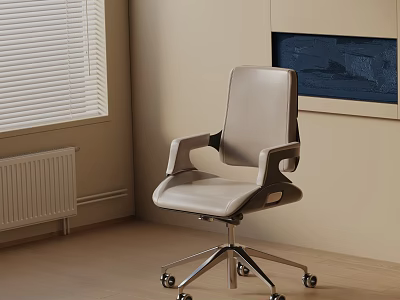 Beige Leather Office Chair with Armrests and Swivel Metal Base with Wheels in Modern Interior 3d model