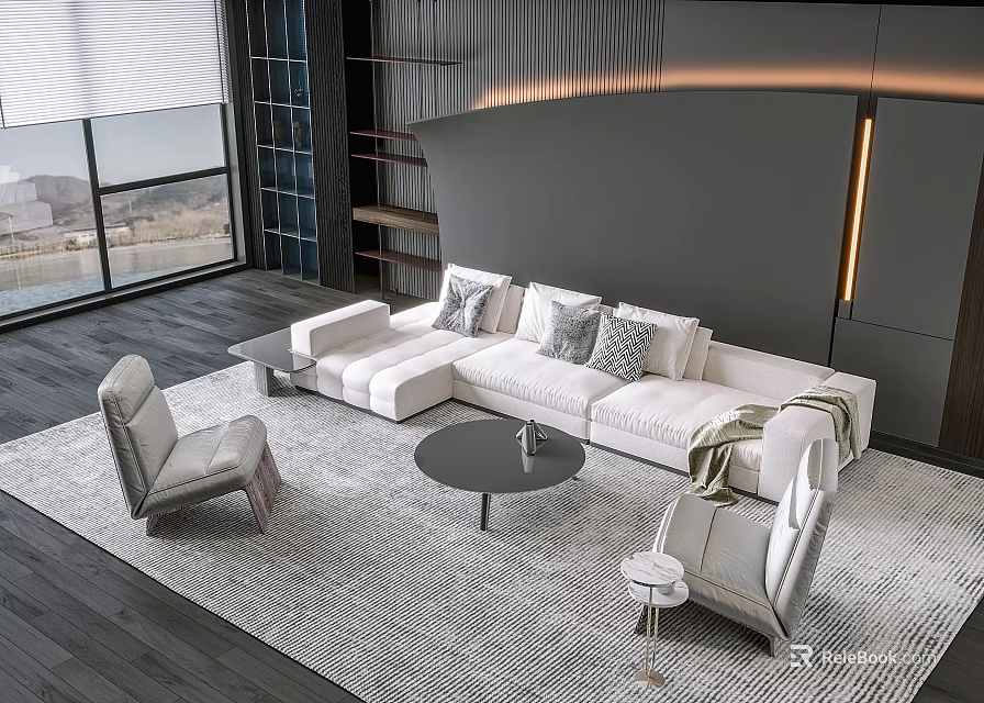 Modern Sectional Sofa and Round Coffee Table Set With Decorative Pillows on Neutral Rug 3d model 