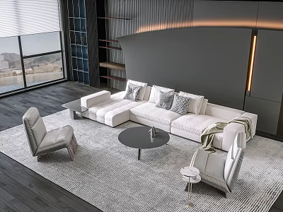 Modern Sectional Sofa and Round Coffee Table Set With Decorative Pillows on Neutral Rug 3d model