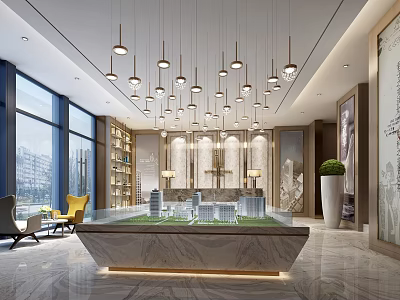 Modern Sales Office Interior With Hanging Lamps Model Display And Large Windows 3d model