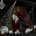 Elegant Banquet Hall With Red Curtains Green Plants White Red Flowers Chandeliers And Silver Spheres