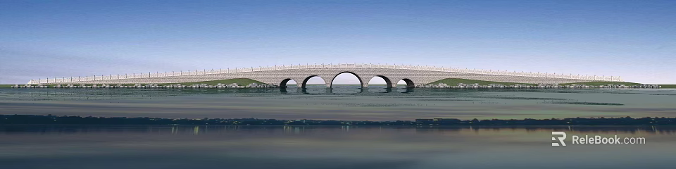 Stone Arch Bridge Spanning Over Calm Water With Blue Sky And Green River Banks 3d model 