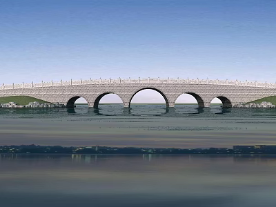 Stone Arch Bridge Spanning Over Calm Water With Blue Sky And Green River Banks 3d model
