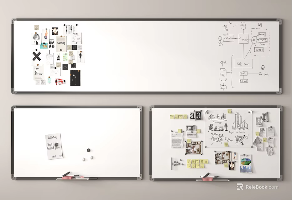 Whiteboards Featuring Hand Drawn Sketches Diagrams Notes And Stickers 3d model 