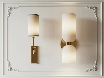 Pair of Elegant Modern Wall Lamps With White Lampshades And Golden Metal On Decorative Wall 3d model