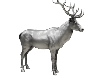Silver Standing Deer Sculpture With Large Antlers And Realistic Texture Design 3d model