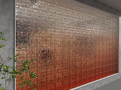 Indoor Decorative Copper Metallic Background Wall With Textured Metal Panels And Green Plants 3d model